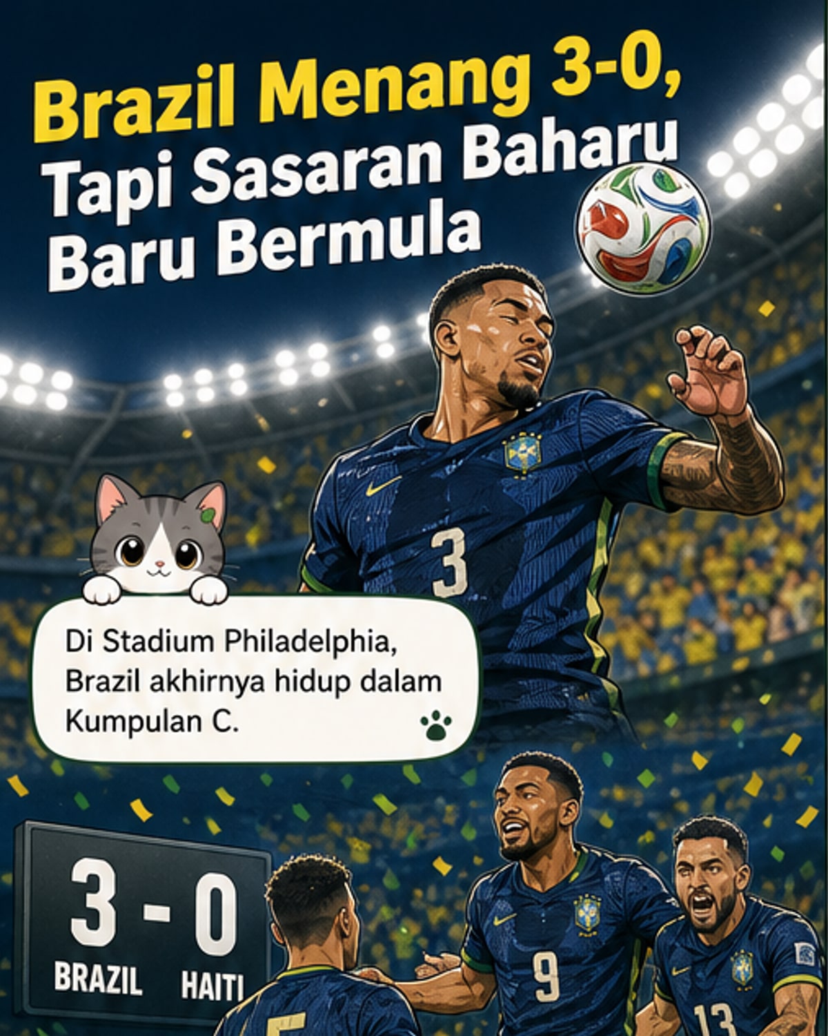 Pemain Brazil menyambut gol dalam perlawanan Piala Dunia 2026 menentang Haiti di Stadium Philadelphia.