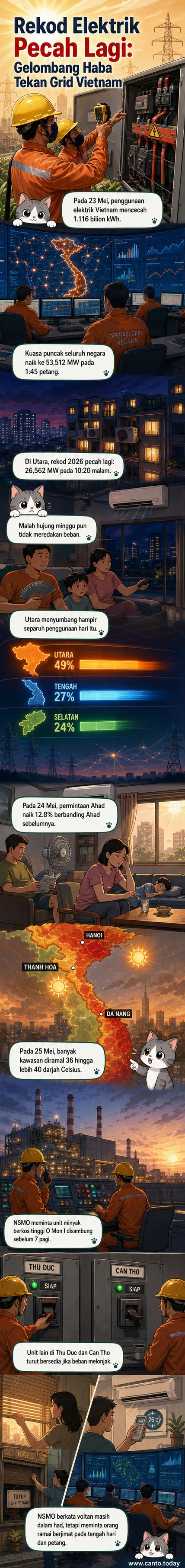 Grafik menunjukkan lonjakan penggunaan elektrik di Vietnam pada Mei 2026, dengan suhu melebihi 40°C dan beban puncak di utara mencapai rekod tertinggi.
