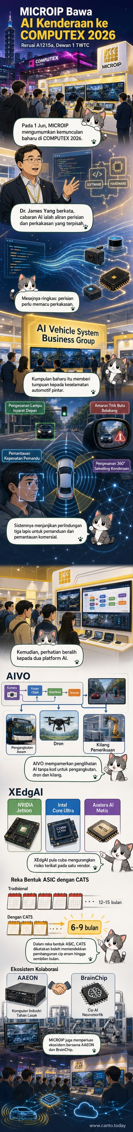Latar belakang teknologi AI dengan ikon kenderaan, cip, dan sistem keselamatan, menunjukkan integrasi perisian dan perkakasan dalam mobiliti pintar.