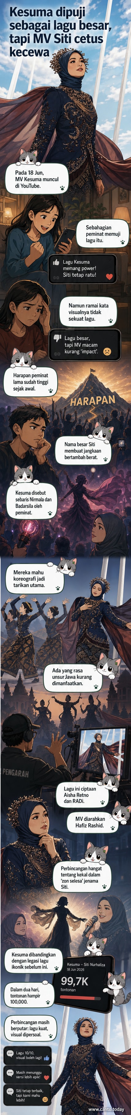 Gambar poster MV 'Kesuma' oleh Siti Nurhaliza dengan latar warna emas dan merah, disertai reaksi peminat dari media sosial.