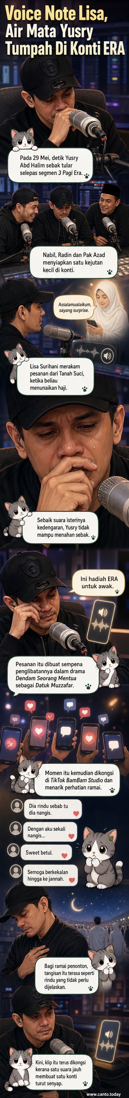 Yusry Abd Halim menangis sambil mendengar voice note dari isterinya Lisa Surihani yang sedang menunaikan haji, disaksikan hos rancangan radio.