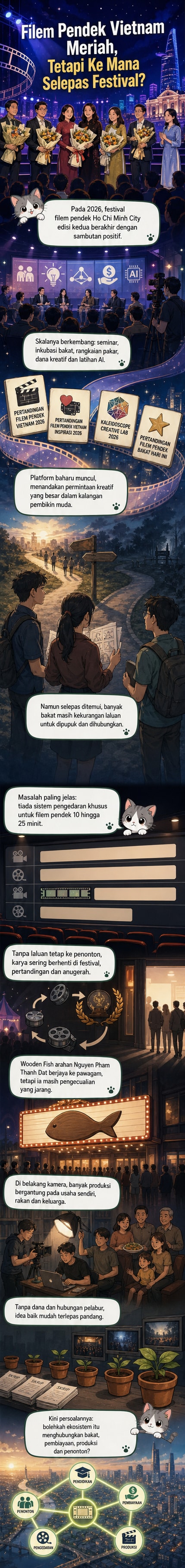 Poster filem pendek Vietnam dengan warna-warna cerah dan elemen animasi, menggambarkan semangat kreatif muda di tengah kota moden.