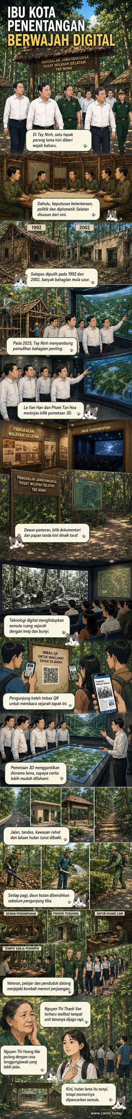 Paparan 3D di dewan pameran tapak bersejarah menunjukkan susunan asal Ibu Pejabat Jawatankuasa Pusat Wilayah Selatan di tengah hutan, dengan pengunjung sedang melihat unjuran digital.