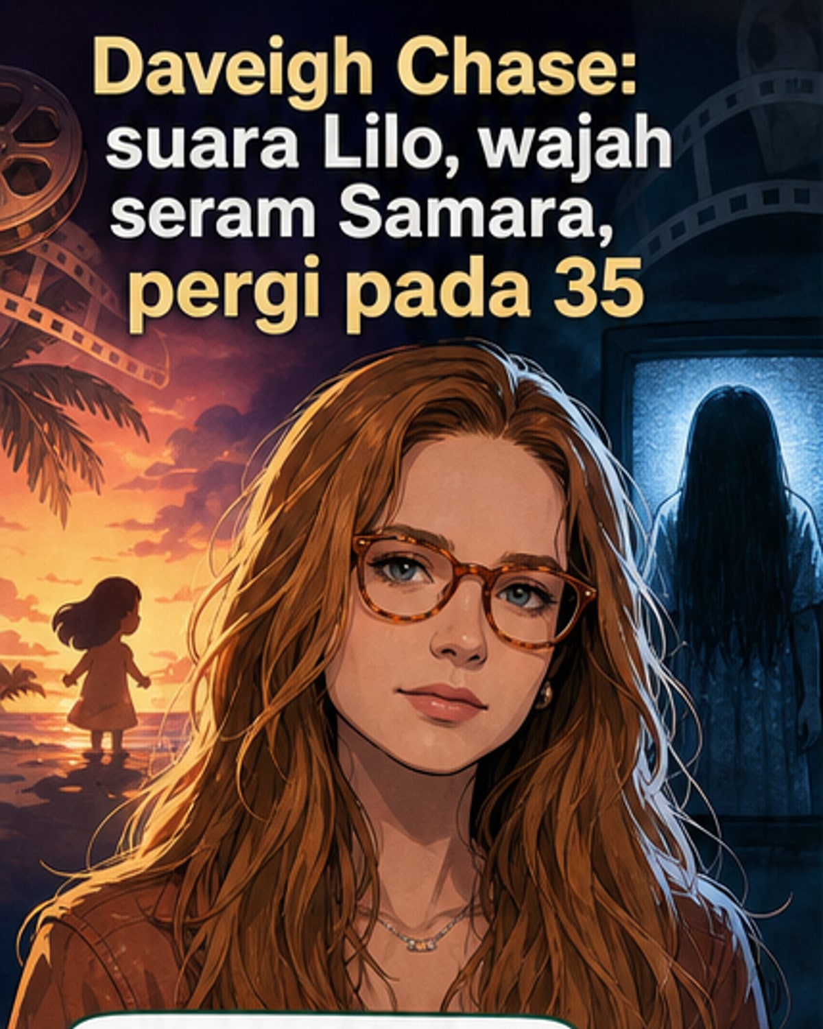 Ilustrasi dua wajah kontras: satu watak kanak-kanak bermata besar dengan ekspresi ceria (Lilo), satu lagi wajah menyeramkan dengan rambut hitam menutupi mata (Samara Morgan), mewakili dua peranan ikonik Daveigh Chase.