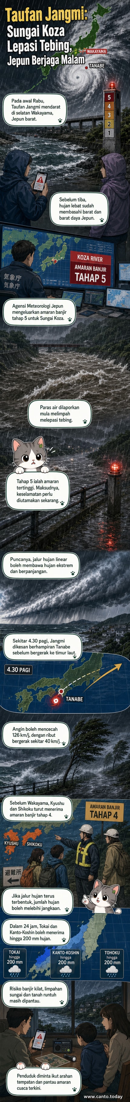 Ilustrasi taufan Jangmi melanda kawasan pesisir Jepun dengan hujan lebat dan amaran banjir yang dipaparkan di skrin berita latar belakang.