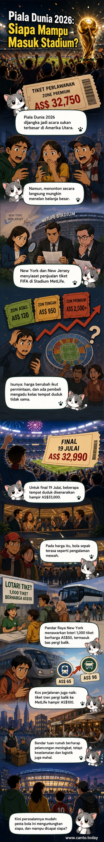 Ilustrasi penonton memegang tiket mahal di hadapan Stadium MetLife dengan latar belakang kereta api laju dan hotel penuh, simbolik kepada kos tinggi Piala Dunia 2026.