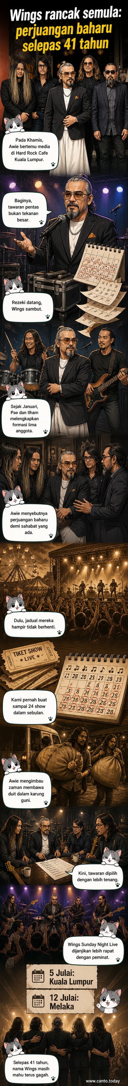 Kumpulan muzik Wings dengan formasi baharu: Awie, Edrie, Sham, Ilham dan Pae berdiri di atas pentas latar belakang poster konsert Sunday Night Live.