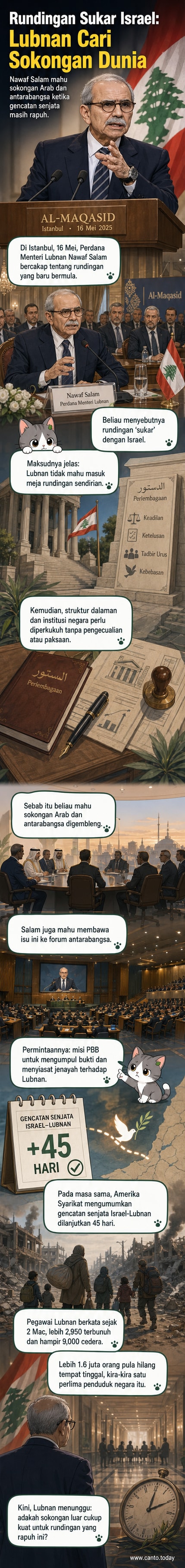 Ilustrasi Perdana Menteri Lubnan Nawaf Salam berucap di hadapan bendera PBB dan bendera Lubnan, dengan latar belakang peta Timur Tengah dan simbol rundingan damai.