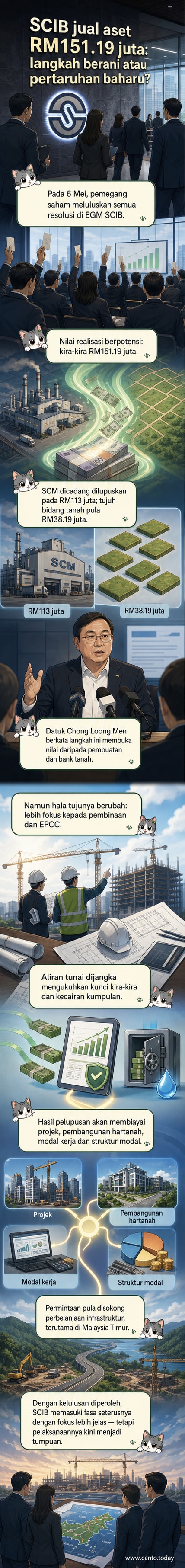 Ilustrasi papan tanda syarikat SCIB dengan duit tunai dan tanah, menggambarkan pelupusan aset strategik bernilai RM151.19 juta untuk perkuat perniagaan utama EPCC.