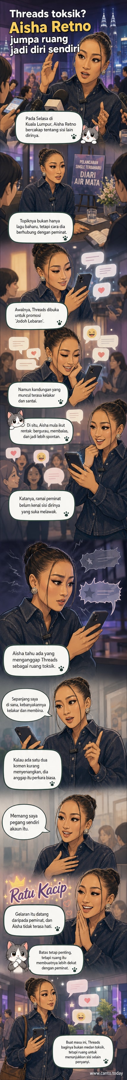 Aisha Retno tersenyum sambil memegang telefon, menunjukkan interaksi mesranya dengan peminat di platform Threads, dengan latar belakang suasana santai.