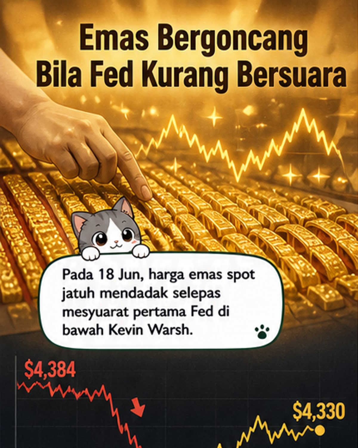 Grafik harga emas turun naik tajam pada carta latar belakang hitam, dengan ikon bank pusat dan dolar AS.