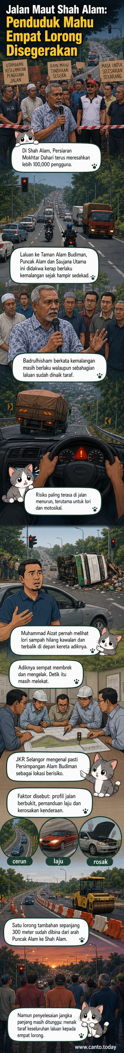 Laluan jalan raya menuruni bukit di Persiaran Mokhtar Dahari, Shah Alam, dengan kenderaan bergerak perlahan di bawah tanda amaran, latar belakang kawasan perumahan dan lampu isyarat.