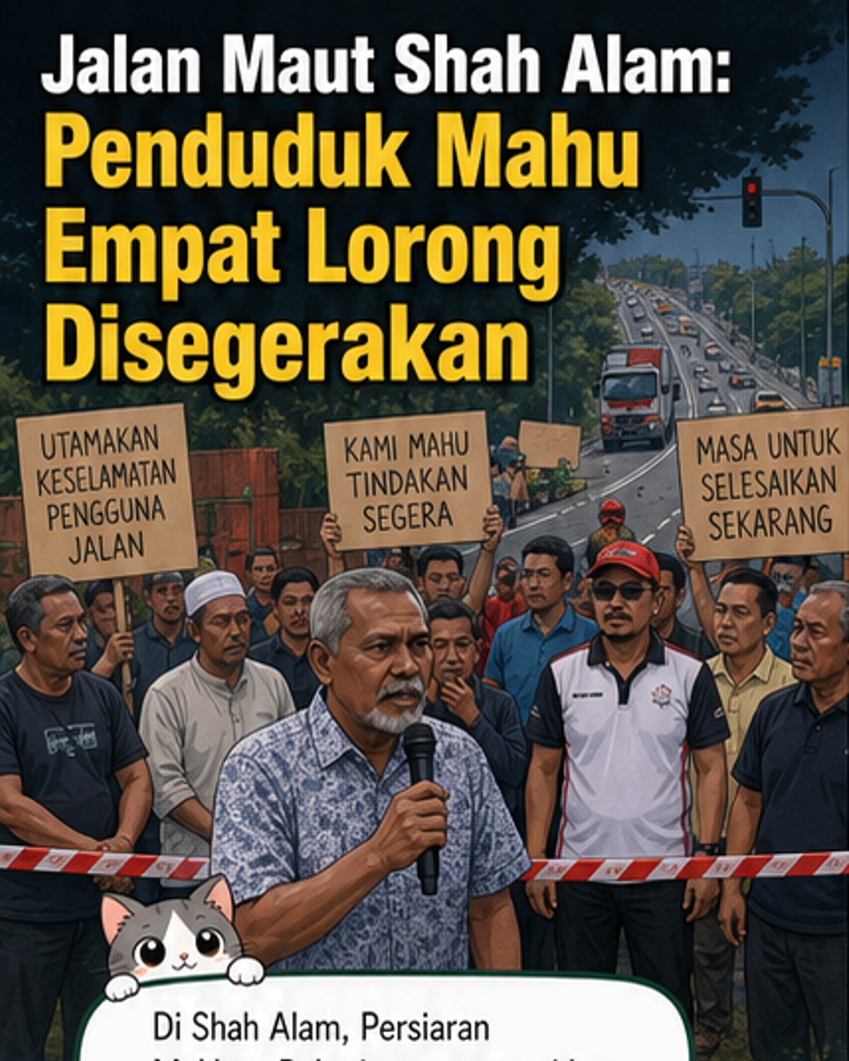 Laluan jalan raya menuruni bukit di Persiaran Mokhtar Dahari, Shah Alam, dengan kenderaan bergerak perlahan di bawah tanda amaran, latar belakang kawasan perumahan dan lampu isyarat.
