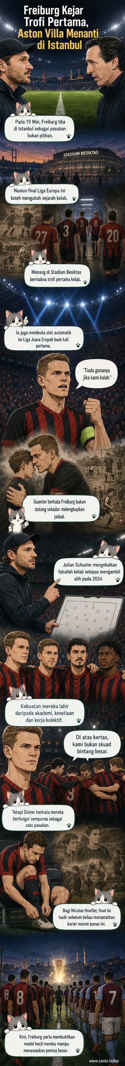 Pemain Freiburg dan Aston Villa berbaris di tengah padang sebelum final Liga Europa di Stadium Besiktas, Istanbul.
