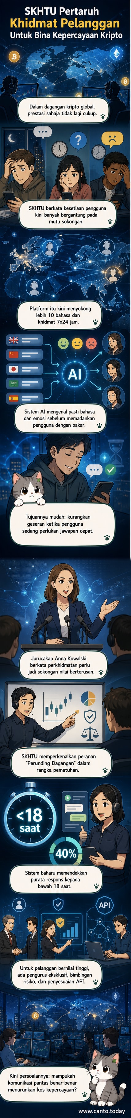 Ilustrasi platform dagangan kripto SKHTU dengan antara muka sokongan pelanggan berbilang bahasa dan AI yang menunjukkan masa respons 18 saat.