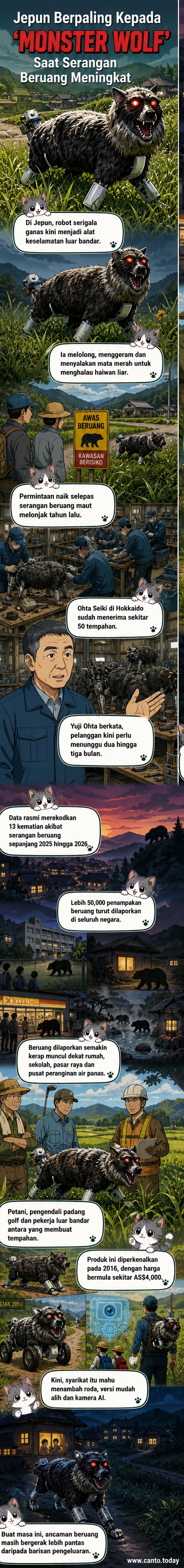 Robot serigala berwajah ganas dengan mata merah berkelip sedang ditempatkan di kawasan luar bandar Jepun untuk menghalau beruang liar.