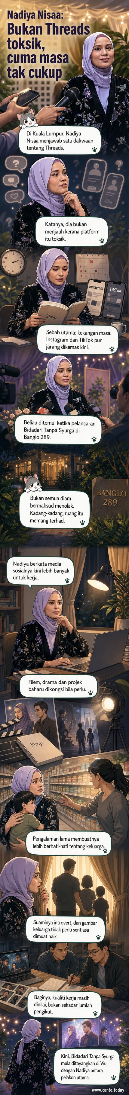 Pelakon Nadiya Nisaa berdiri tenang, menjelaskan alasan tidak aktif di media sosial bukan kerana toksik, tapi kekangan masa dan privasi keluarga.