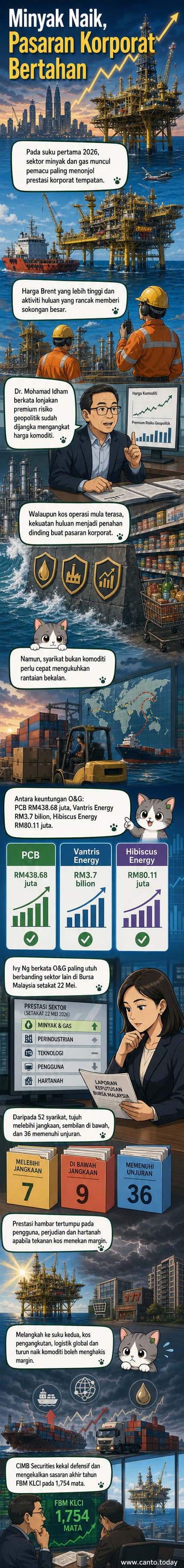Ilustrasi menunjukkan menara pengeboran minyak, grafik naik, dan ikon syarikat korporat, melambangkan kenaikan prestasi sektor minyak dan gas di Malaysia pada suku pertama 2026.