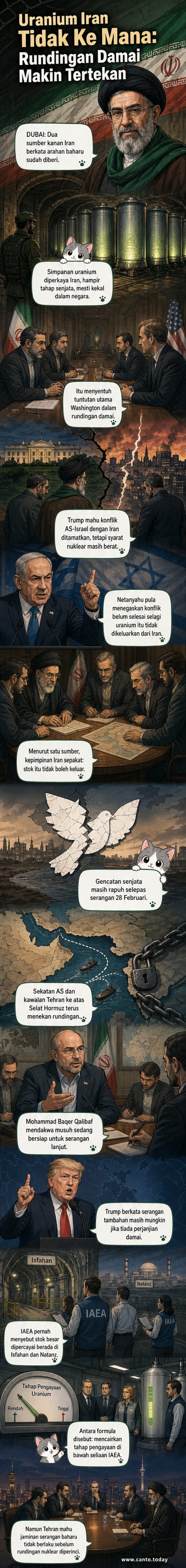 Ilustrasi simpanan uranium diperkaya di dalam terowong bawah tanah Iran, dengan latar belakang peta Timur Tengah dan simbol nuklear.