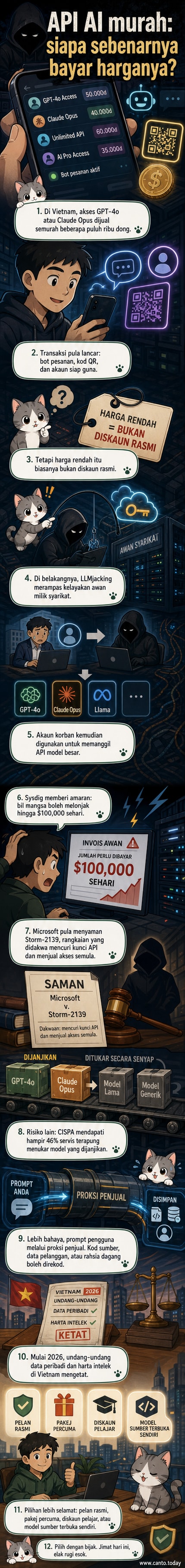 Ilustrasi webtoon menunjukkan server awan yang dirampas oleh penjenayah siber, dengan data pengguna mengalir ke pelayan perantara gelap, sementara seorang pengguna di Vietnam menggunakan telefon dengan ikon API murah.