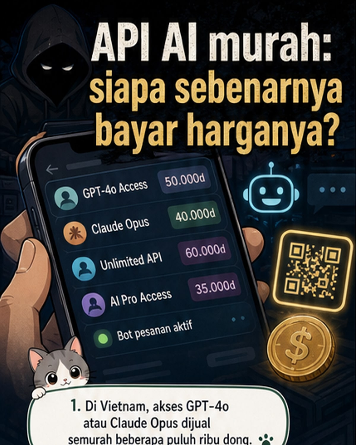 Ilustrasi webtoon menunjukkan server awan yang dirampas oleh penjenayah siber, dengan data pengguna mengalir ke pelayan perantara gelap, sementara seorang pengguna di Vietnam menggunakan telefon dengan ikon API murah.