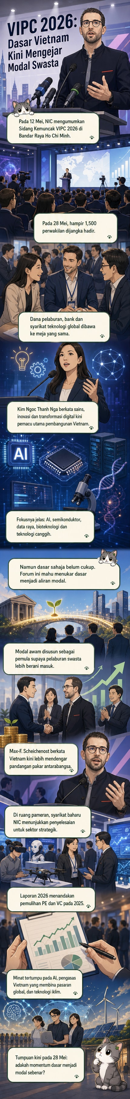 Gambar forum VIPC 2026 di Vietnam dengan peserta antarabangsa, menunjukkan persembahan tentang arah aliran modal ke dalam sektor teknologi tempatan.