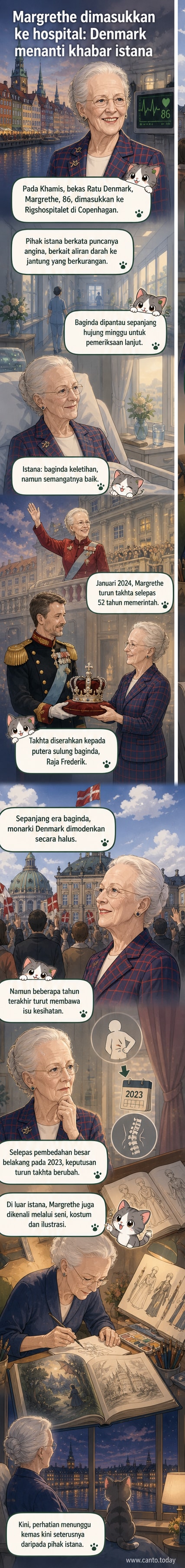 Lukisan digital Ratu Margrethe berpakaian formal dengan latar belakang istana Denmark, menunjukkan ketenangan walaupun dalam rawatan kesihatan.
