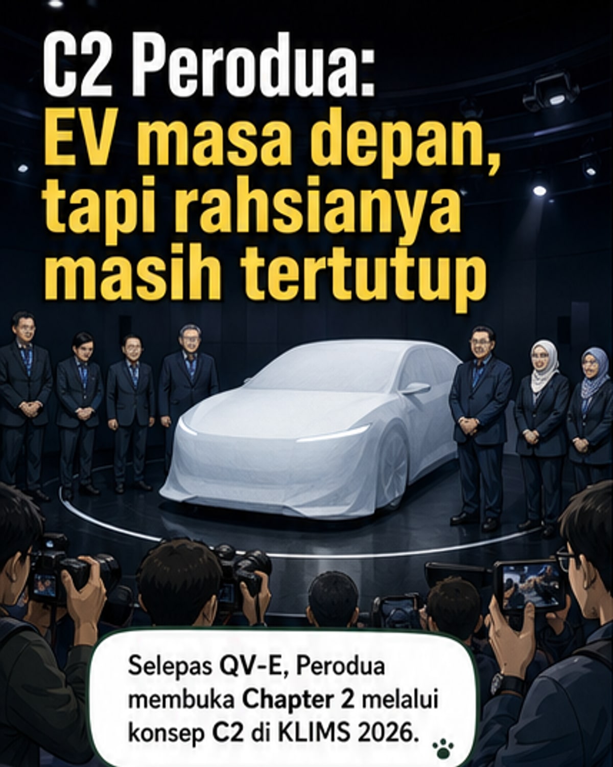 Perodua C2, kereta konsep sedan fastback futuristik berwarna putih dengan reka bentuk moden, dipamerkan di KLIMS 2026
