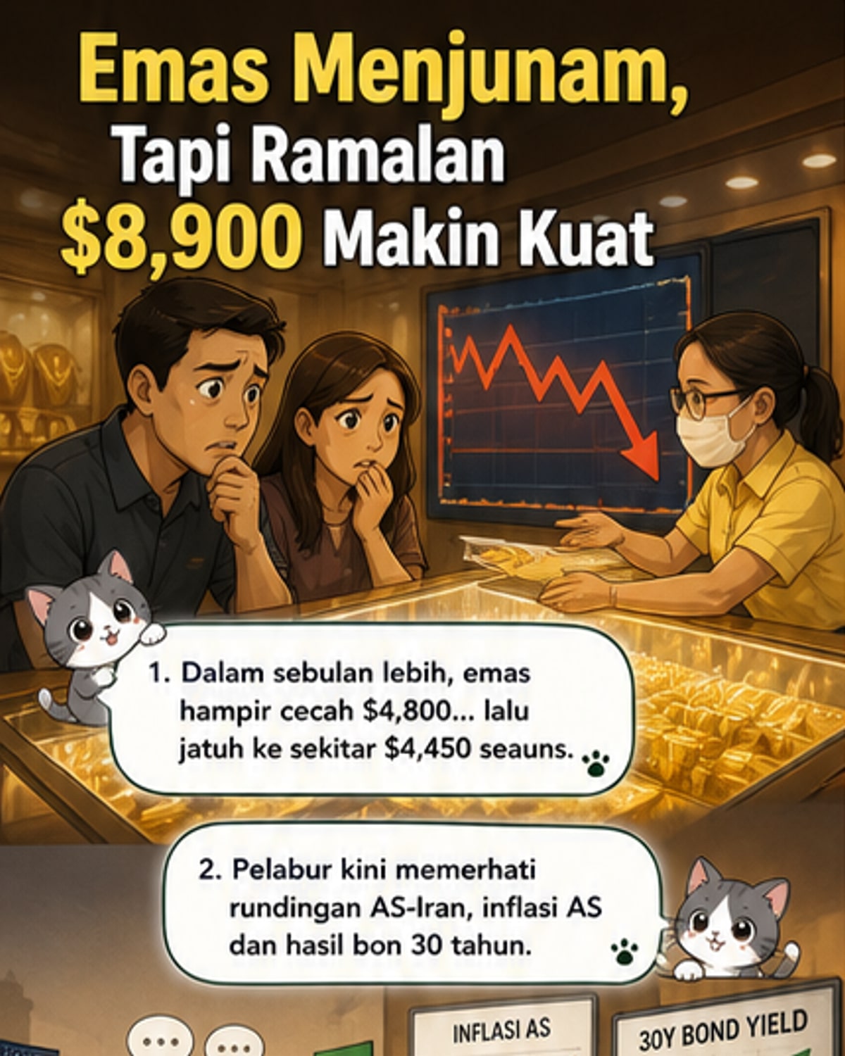 Emas turun naik, ramalan $8,900 muncul