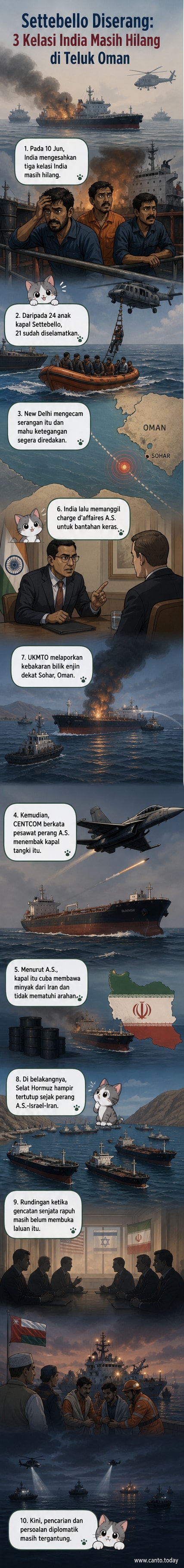 Ilustrasi kapal tangki terbakar di Teluk Oman dengan pesawat tentera di langit, menunjukkan ketegangan maritim antara AS dan Iran