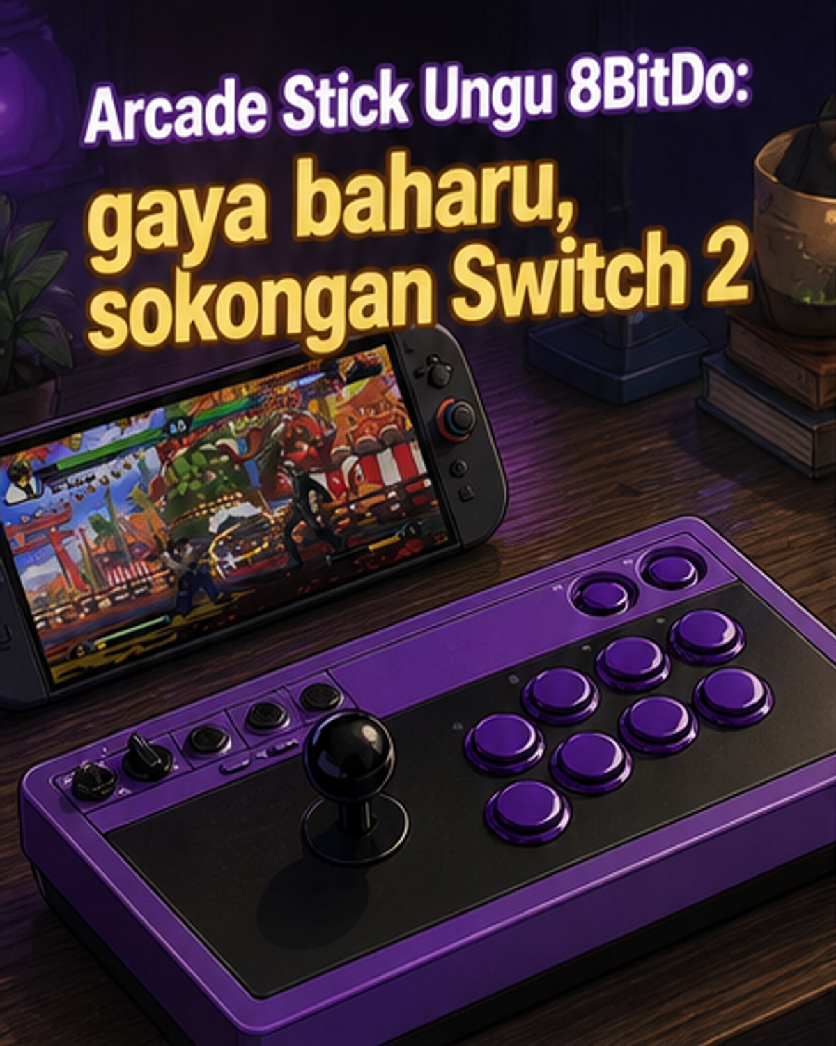 Gambar pengawal 8BitDo Arcade Stick dalam warna ungu pekat dengan butang ungu dan kayu bedik hitam, diletakkan di atas permukaan putih.