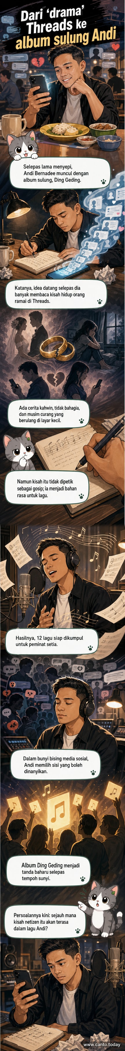 Penyanyi Andi Bernadee berdiri di hadapan mikrofon dengan ekspresi emosional, latar belakang skrin menunjukkan helaian cerita dari Threads tentang perkahwinan dan pengkhianatan.