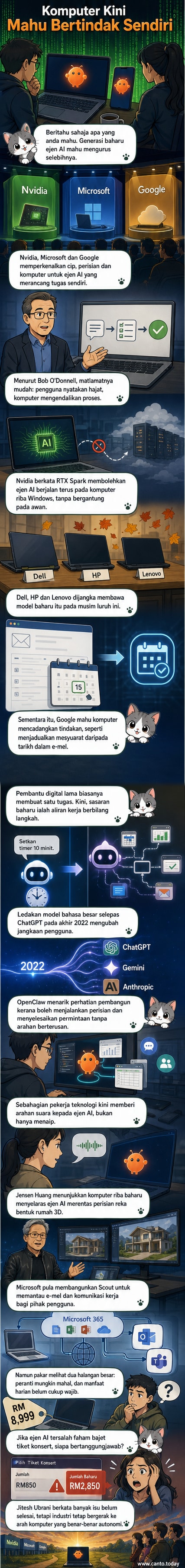 Ilustrasi komputer riba dengan antara muka AI yang menunjukkan aliran kerja automatik seperti penjadualan, penyelidikan, dan pengurusan e-mel.