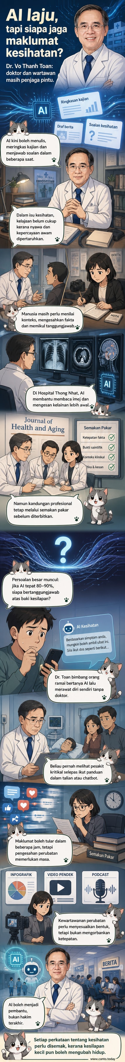 Ilustrasi doktor dan wartawan berdiri bersama sebagai penjaga pintu maklumat kesihatan di hadapan gelombang AI digital.