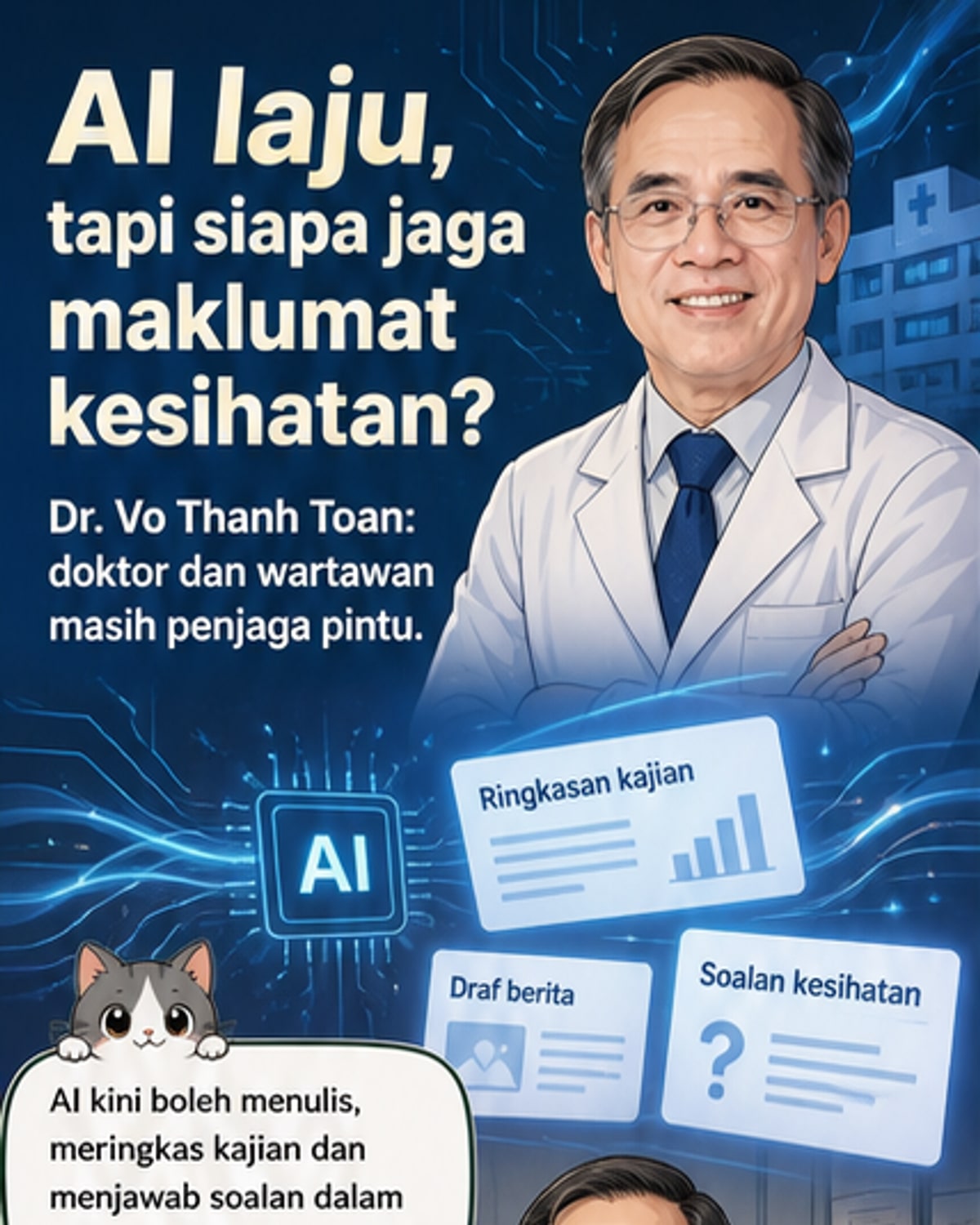 Ilustrasi doktor dan wartawan berdiri bersama sebagai penjaga pintu maklumat kesihatan di hadapan gelombang AI digital.