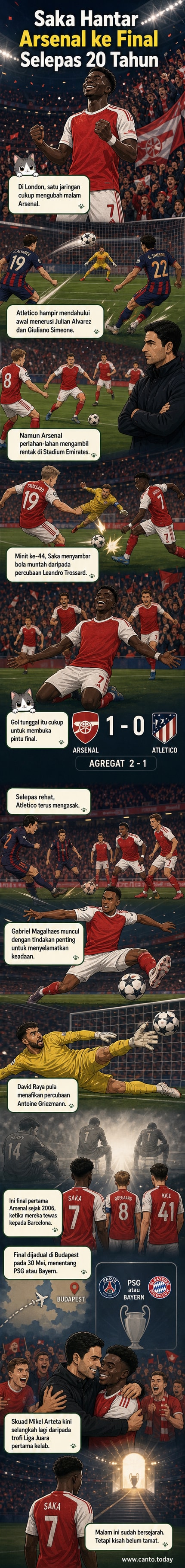 Arsenal pemain tengah Bukayo Saka diraikan rakan sepasukan selepas menjaringkan gol ke final Liga Juara Eropah