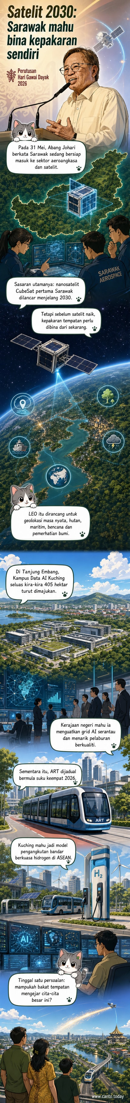 Ilustrasi nanosatelit CubeSat mengorbit Bumi sambil memantau hutan dan laut Sarawak, dengan latar belakang kampus AI dan bas berkuasa hidrogen di Kuching.