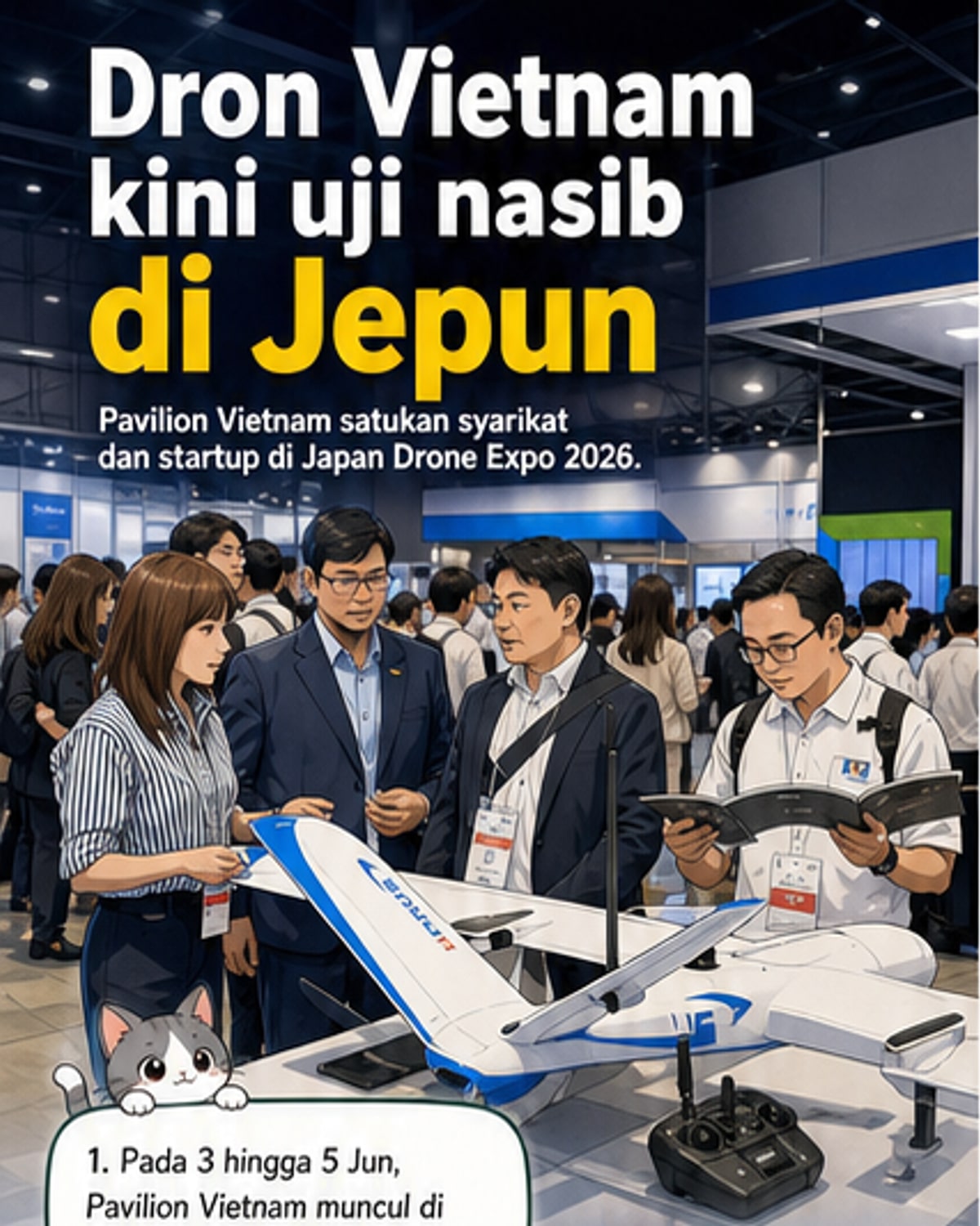 Gerai Pavilion Vietnam di Ekspo Dron Jepun 2026 mempamerkan dron dan sistem kawalan tempatan, dengan logo syarikat peserta seperti Gremsy dan FPT.