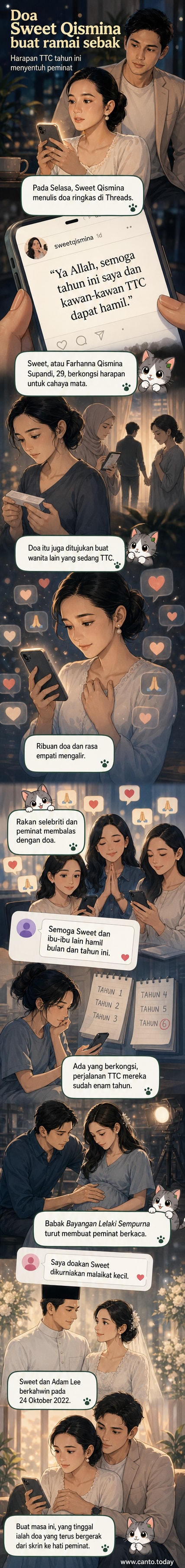 Gambar Sweet Qismina dan Adam Lee dalam adegan drama, diikuti hantaran Threads dengan doa untuk hamil tahun ini