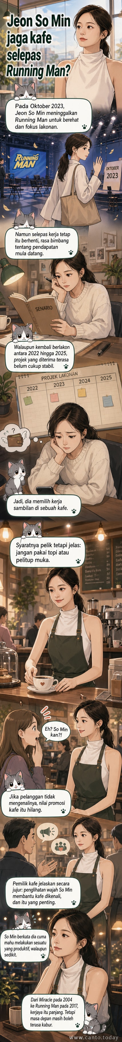 Pelakon Jeon So Min memakai apron di belakang kaunter kafe, tersenyum sambil menghulurkan secawan kopi kepada pelanggan.