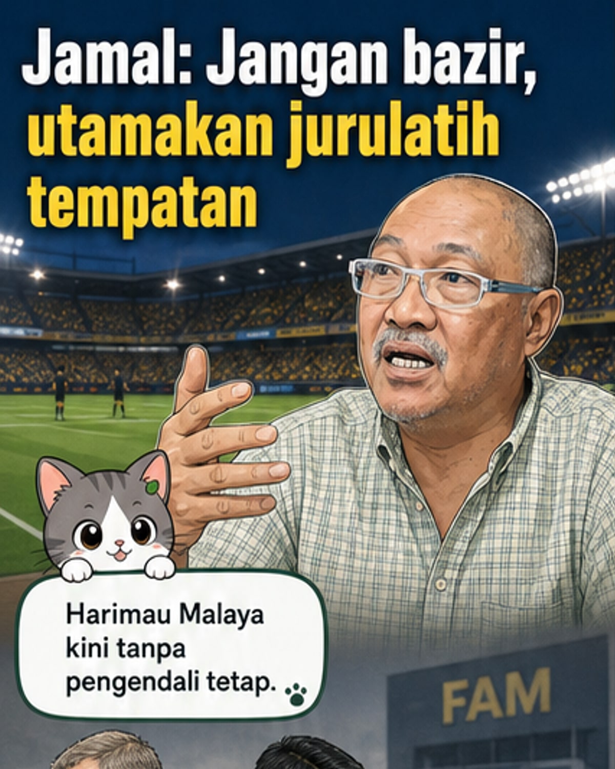 Empat bekas jurulatih Harimau Malaya — Ong Kim Swee, Tan Cheng Hoe, Dollah Salleh dan Zainal Abidin Hassan — digambarkan dalam gaya ilustrasi kartun, dikelilingi bola sepak dan bendera Malaysia, mencadangkan pendekatan kolektif untuk pasukan kebangsaan.