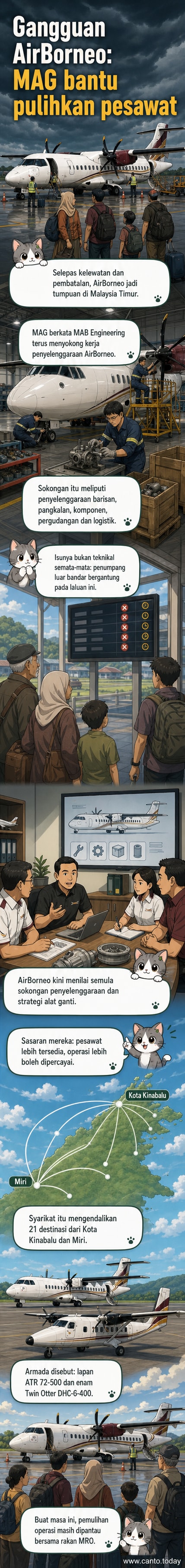 Ilustrasi dua pesawat kecil di atas peta Malaysia Timur, dengan ikon sokongan teknikal dari MAG dan AirBorneo bertemu di tengah.