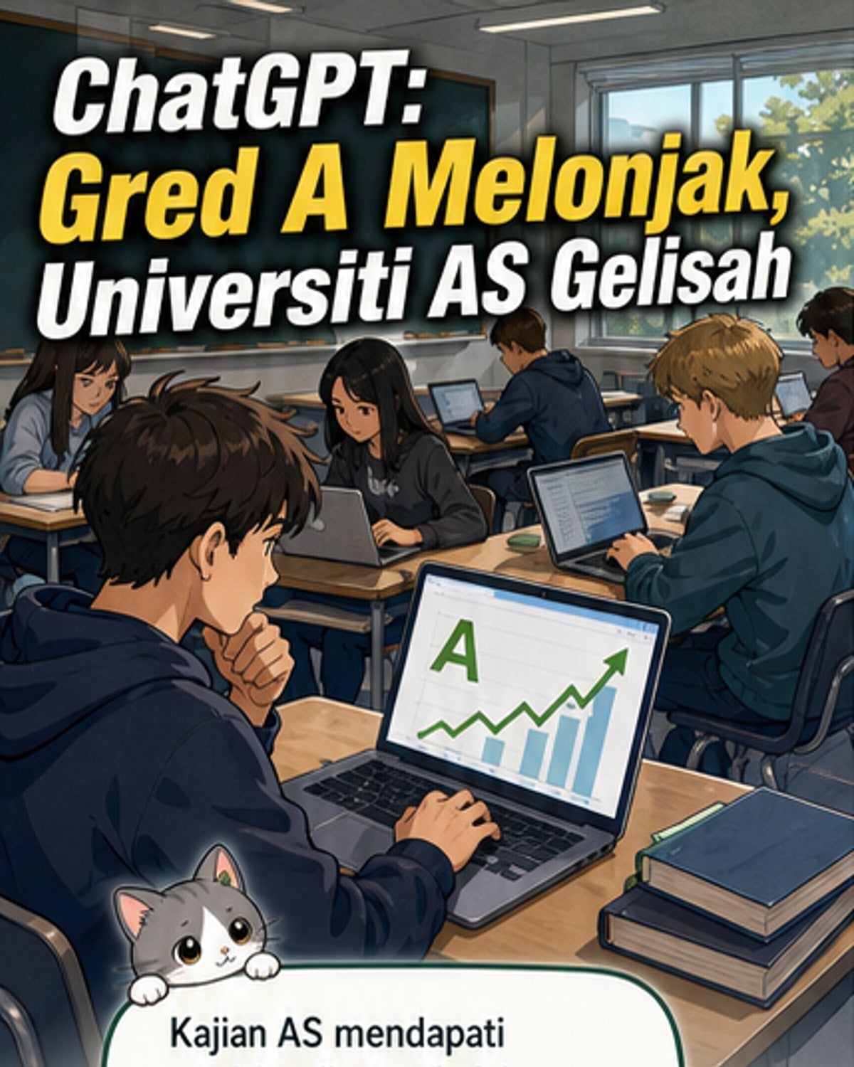 Ilustrasi pelajar menggunakan ChatGPT di telefon sambil melihat kertas peperiksaan dengan gred A, dengan latar belakang kampus universiti dan simbol AI.