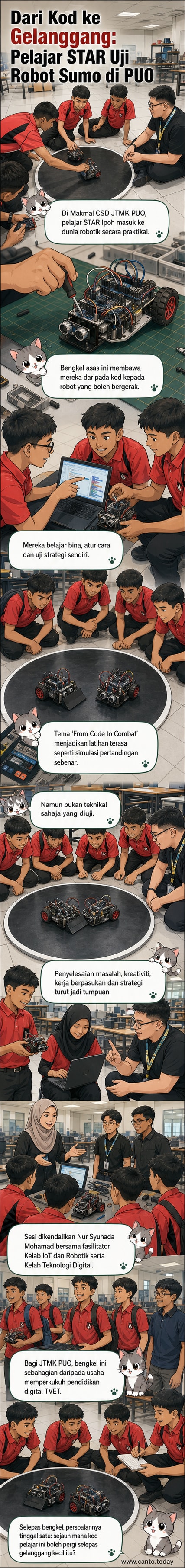 Pelajar sekolah menengah sedang memprogramkan robot sumo kecil di makmal teknologi politeknik, dikelilingi fasilitator dan rakan sebaya.