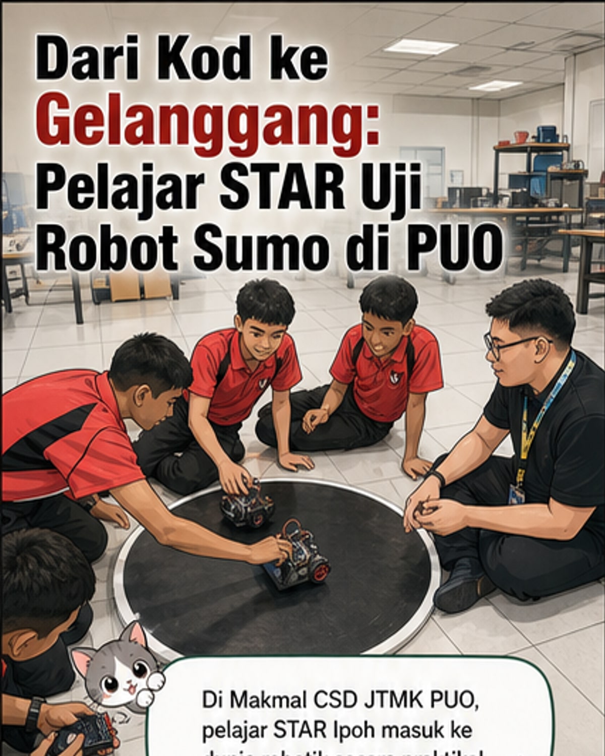Pelajar sekolah menengah sedang memprogramkan robot sumo kecil di makmal teknologi politeknik, dikelilingi fasilitator dan rakan sebaya.