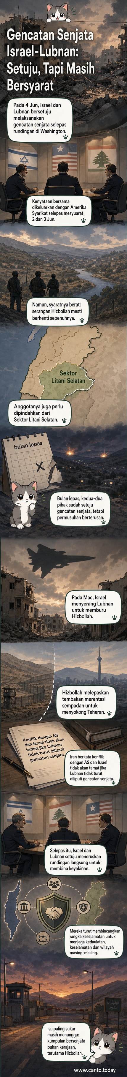 Peta sempadan Israel dan Lubnan dengan simbol gencatan senjata dan tentera Hizbollah di selatan Sungai Litani