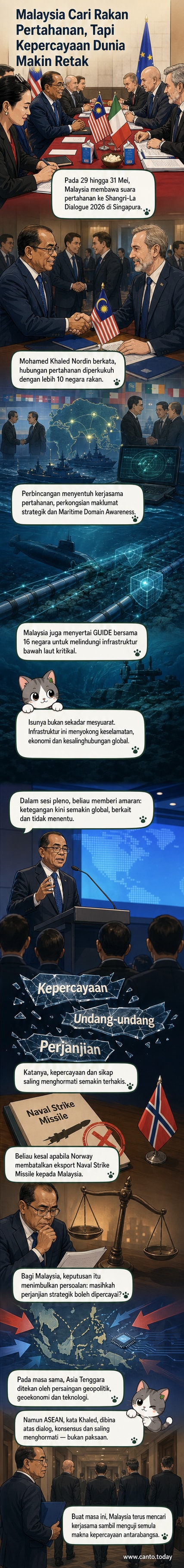 Ilustrasi Menteri Pertahanan Malaysia berucap di forum keselamatan antarabangsa, dengan peta Asia Pasifik dan simbol kerjasama pertahanan di latar belakang.