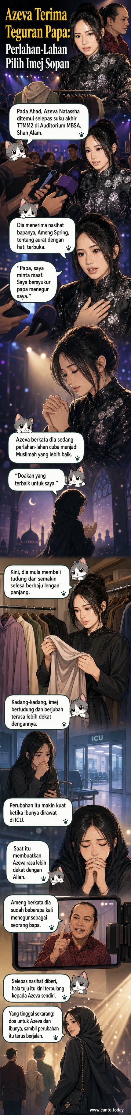 Pelakon Azeva Natassha memakai tudung dan baju lengan panjang, tersenyum lembut sambil duduk di kerusi, gambaran perubahan penampilannya ke arah lebih sopan.