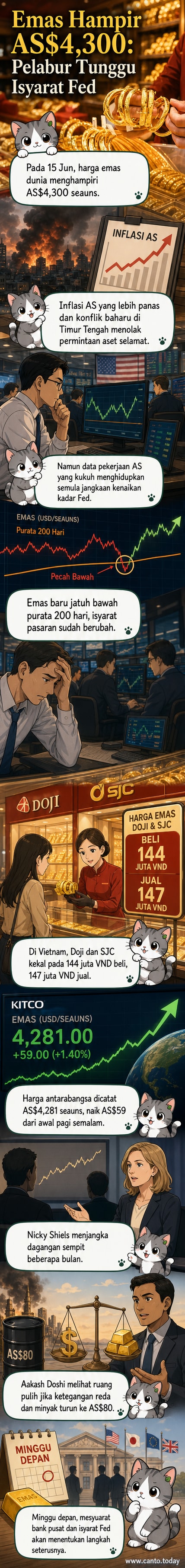 Grafik menunjukkan kenaikan harga emas mendekati $4,300 per auns dengan latar belakang konflik Timur Tengah dan simbol dolar AS