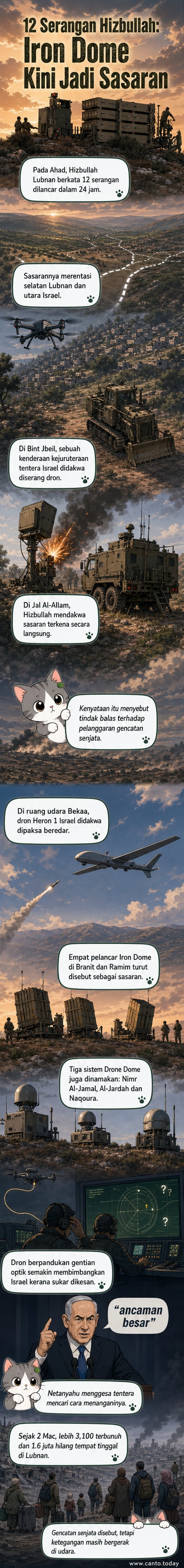 Ilustrasi konflik sempadan: dron Hizbullah terbang menuju sistem pertahanan Iron Dome Israel di kawasan berbukit berhampiran sempadan Lubnan-Israel.